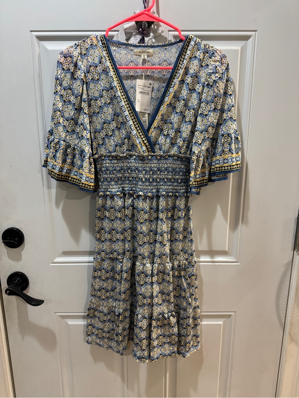 Max Studio Blue & Cream Printed Smocked Waist Mini Dress